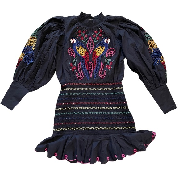 FARM Rio Navy Tropical Tapestry Embroidered Long Sleeve Dress FARM Rio Navy Tropical Tapestry Embroidered Long Sleeve Dress